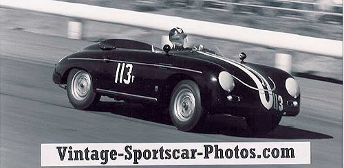 Lew Bracker racing at Riverside Raceway circa 1957 when 82833 Carrera Speedster was new.  Ahead of his time -- I love the way-cool matching graphics on his helmet